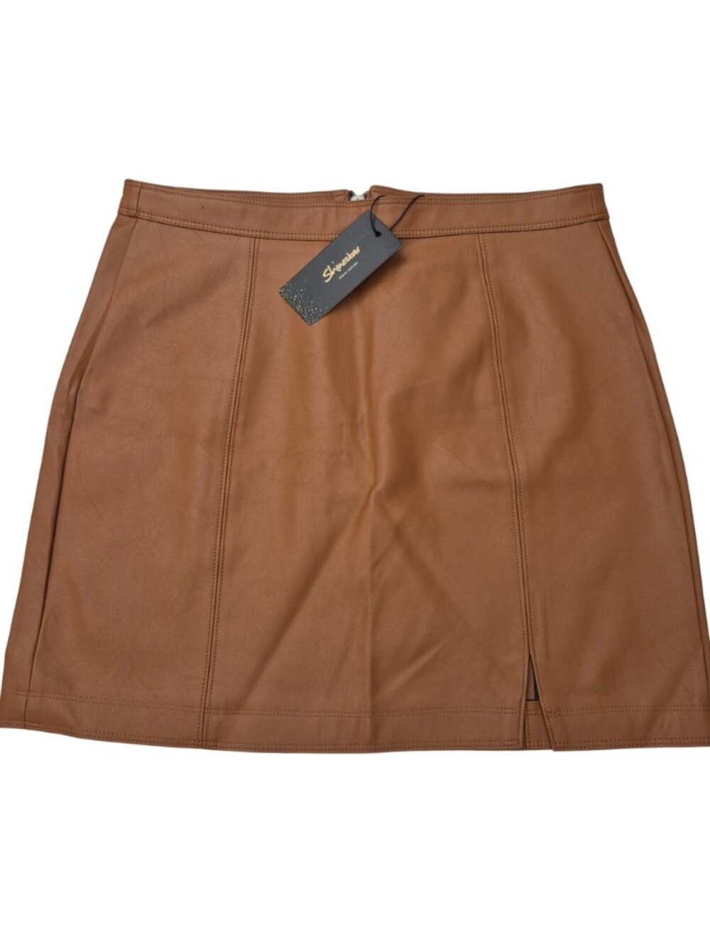 Shinestar Vegan Leather Faux Mini Skirt whit Zip Brown Size L Stretch - NWT